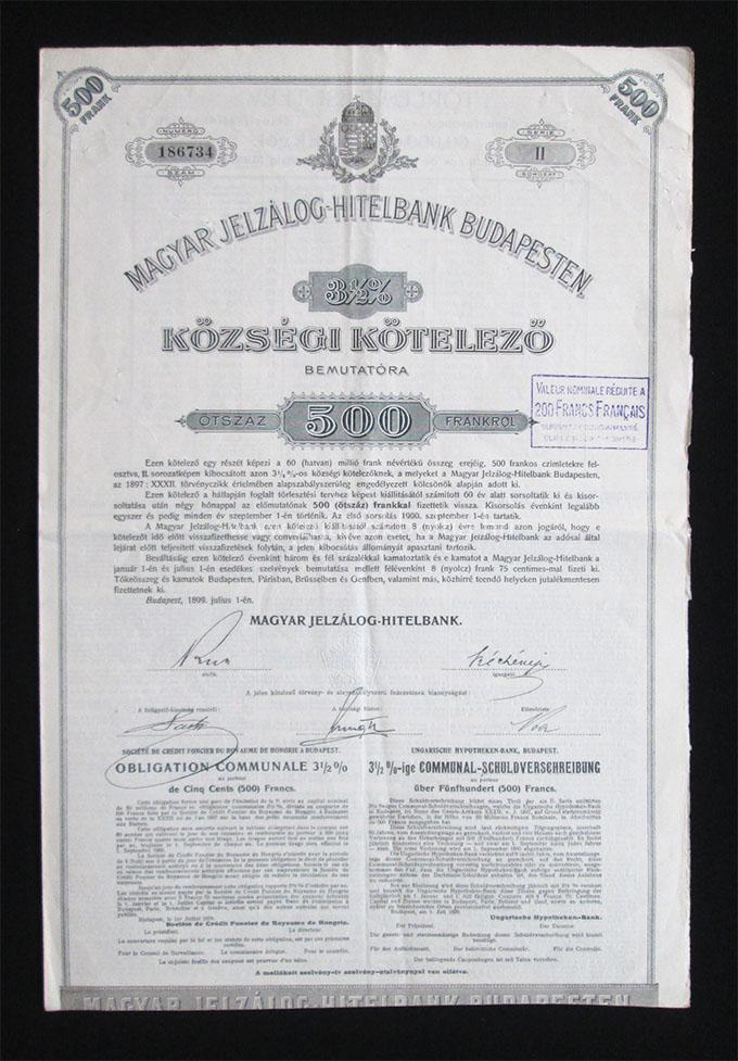 Magyar Jelzálog-Hitelbank községi kötelezõ 500 frank 1899
